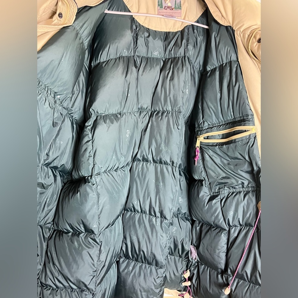 Vintage EMS Goose Down Parka XXL Hooded Beige Green Y2K Ski Winter Outerwear - Picture 13 of 16